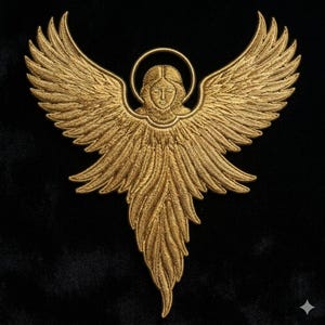 May include: Gold embroidered angel patch with outstretched wings and a halo. The angel's face is centered, and the wings and body are detailed with intricate stitching. The patch is set against a black background.