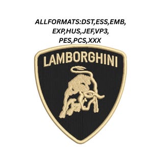 May include: Embroidered patch featuring the Lamborghini logo. The patch has a black background with a gold border and the Lamborghini name in gold. The Lamborghini bull logo is in gold. The patch is shield-shaped.