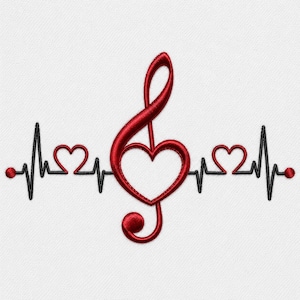 Diseño de bordado de latido de corazón musical / Archivo de bordado a máquina de corazón EKG en clave de sol / PES DST Jef