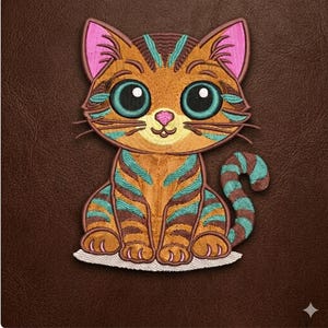 May include: Embroidered patch featuring a cartoon cat with large teal eyes, pink ears, and a pink nose. The cat has orange and brown stripes with teal accents. The patch is on a brown background.