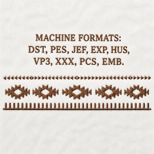 May include: An embroidery design featuring brown text that reads MACHINE FORMATS: DST, PES, JEF, EXP, HUS, VP3, XXX, PCS, EMB. Below the text are three horizontal rows of brown geometric patterns, including triangles, diamonds, and vertical bars.