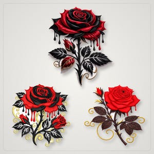 May include: Three detailed rose illustrations. The roses feature a combination of red and black petals with a dripping effect. The stems and leaves are black with gold accents. The overall design is artistic and decorative.