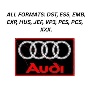 May include: A black rectangle patch with a red border. The patch features the Audi logo in white interlocking rings and the brand name in red. Text at the top reads "ALL FORMATS: DST, ESS, EMB, EXP, HUS, JEF, VP3, PES, PCS, XXX."
