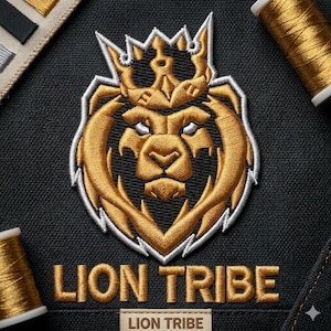 Könnte beinhalten: Gestickter Aufnäher mit einem goldenen Löwen mit Krone und dem Text "LION TRIBE". Der Aufnäher befindet sich auf schwarzem Stoff, mit goldenen Garnrollen im Hintergrund. Das Design ist detailliert.