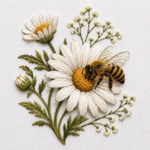 May include: A detailed embroidery design on white fabric featuring a large white daisy with a yellow center, a smaller daisy, and a honeybee with black and yellow stripes resting on the petals. Green stems and leaves accompany small white buds.