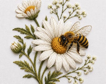 Bumblebee Daisy Flower Embroidery Design, Floral Bee Machine File DST PES