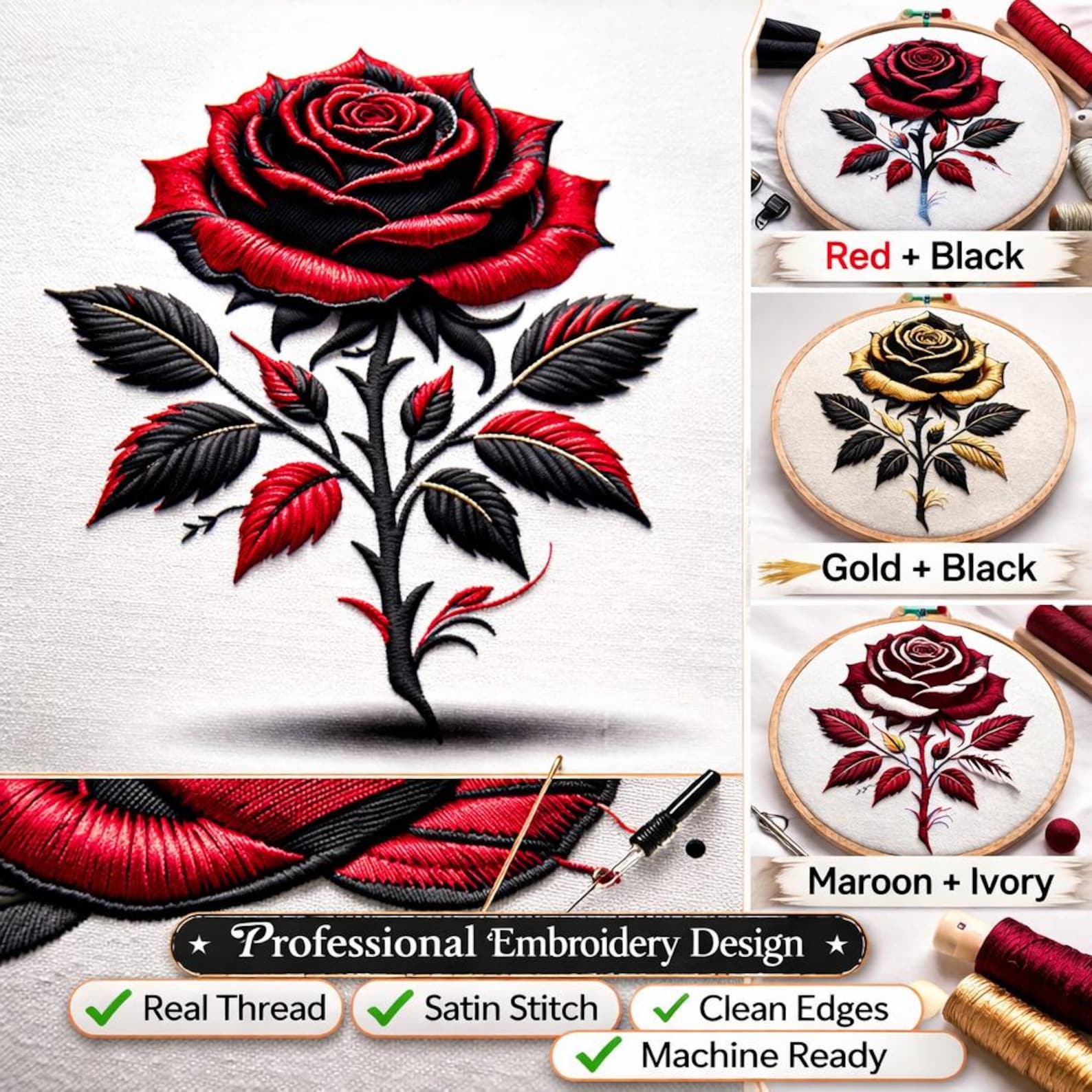Gothic Dripping Rose Embroidery Design – Floral Machine Embroidery ...