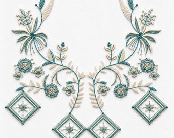 Teal Floral Neckline Embroidery Design, Dress Yoke Pattern (Digital Download)