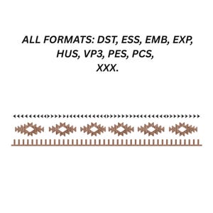 May include: A digital design with a repeating geometric pattern in brown and black, with triangles above and vertical lines below. The text "ALL FORMATS: DST, ESS, EMB, EXP, HUS, VP3, PES, PCS, XXX." is displayed above the pattern.