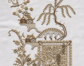 Chinoiserie Willow Tree Pagoda Bridge Machine Embroidery Design, Vintage Oriental Floral Panel, PES DST