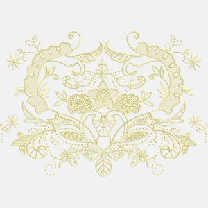 May include: A detailed, symmetrical floral embroidery design in a soft yellow hue. The design features flowers, leaves, and swirling patterns, creating an ornate and delicate aesthetic. The embroidery is set against a plain white background.