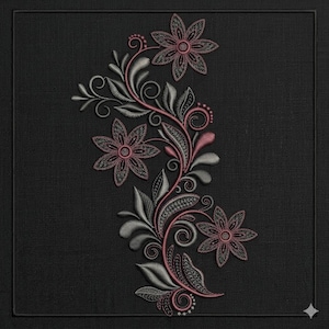 Puede incluir: Diseño floral bordado con flores y hojas rosas y plateadas sobre fondo negro. El diseño tiene un aspecto detallado y texturizado, con una disposición simétrica de flores y zarcillos. El bordado está enmarcado por un borde negro.