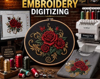 Custom Embroidery Digitizing, Gothic Rose Floral Design, Logo to PES DST Machine File