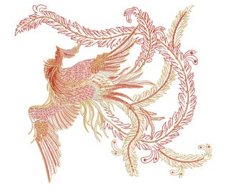 Phoenix Bird Embroidery Design – Red Gold Mythical Firebird Pattern – Machine Embroidery Instant Download