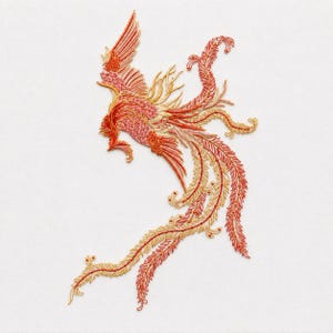 May include: Embroidered phoenix design in shades of red, orange, and gold. The bird is depicted with outstretched wings and a long, flowing tail. The embroidery is detailed, with intricate patterns and textures, set against a white background.