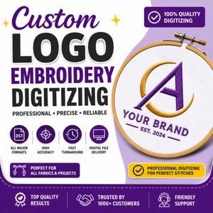 May include: An advertisement for custom logo embroidery digitizing services. The design features the text "Custom Logo Embroidery Digitizing" in purple and black, along with icons and the phrase "Your Brand Est. 2024" on a white embroidery hoop.