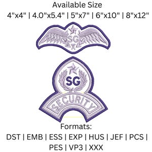 May include: Embroidered patches in a purple and white color scheme. The design includes a winged emblem and a badge with the text "SECURITY" and the letters "SG". Available sizes range from 4x4 inches to 8x12 inches.