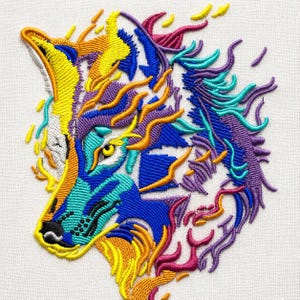 May include: An embroidered wolf head design featuring vibrant, multi-colored thread work in shades of yellow, purple, blue, teal, and pink. The wolf is depicted in profile with a stylized, flowing mane and a distinct yellow eye on a white fabric.