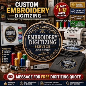 May include: A custom embroidery digitizing service advertisement featuring a circular hoop with gold text on a dark blue background, a Janome embroidery machine, colorful thread spools, a USB drive, and a gray hoodie with an embroidered logo.