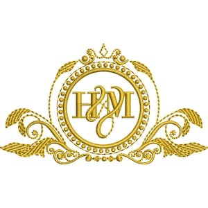 May include: Gold embroidered emblem with the letters "H&M" in a decorative script. The emblem is surrounded by a circular frame with a beaded border and ornate, swirling floral designs. A crown sits atop the frame.