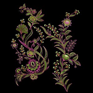 May include: Floral embroidery design featuring green and pink stylized flowers, leaves, and vines on a black background. The design has a detailed, textured appearance, with a variety of floral and leaf shapes. The embroidery is likely for fabric embellishment.