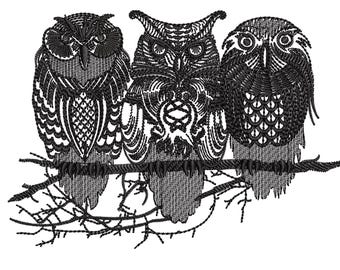 Three Owls Embroidery Design: Intricate Machine Embroidery Pattern (Digital Download)