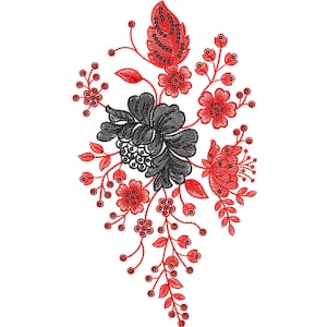 May include: An embroidered floral design featuring red and black flowers, leaves, and berries on a white background. The design includes a large black flower with intricate detailing, surrounded by smaller red flowers and foliage. The embroidery is detailed and vibrant.