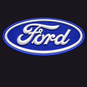 May include: Embroidered patch featuring the Ford logo. The logo is an oval shape with a blue background and a white border. The word "Ford" is embroidered in white script across the center of the oval.