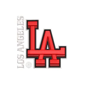 May include: A red and black embroidered patch featuring the letters "LA" in a stylized design. The letters are outlined in black and have a 3D effect. The words "LOS ANGELES" are vertically embroidered in silver on the left side.