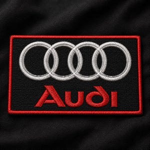 Könnte beinhalten: Ein rechteckiger gestickter Aufnäher mit dem Audi-Logo, bestehend aus vier ineinandergreifenden silberweißen Ringen über dem roten Schriftzug Audi, auf schwarzem Grund mit einem dicken roten Rand, zur Anbringung auf Textilien.