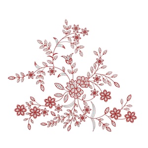 May include: A detailed floral embroidery design in shades of red and white. The design features various flowers, leaves, and stems, creating a delicate and intricate pattern. The embroidery is set against a clean white background, highlighting the floral details.
