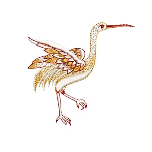 May include: Embroidered design of a white crane with yellow and red accents. The crane is standing on one leg with its wings spread out.