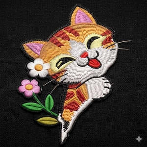 Op de afbeelding: Geborduurde patch met een lachende kat met oranje, witte en rode vacht, die een bloem met roze en witte bloemblaadjes vasthoudt. De kat heeft gesloten ogen en een rode tong, tegen een zwarte achtergrond.