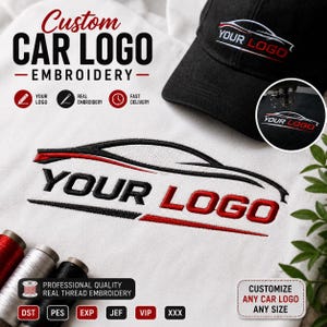 May include: A black baseball cap and white fabric featuring custom car logo embroidery in black and red thread. The design includes the text YOUR LOGO with a stylized car outline. Text on the image reads Custom Car Logo Embroidery.