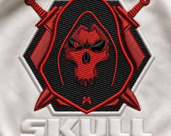 Skull Reaper Crossed Daggers Embroidery Design, Gothic Hoodie Patch DST PES Instant Download