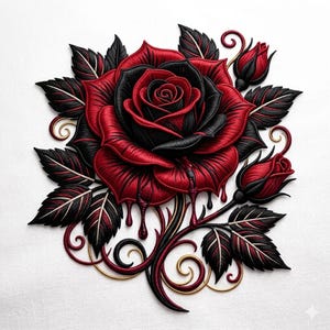 May include: An embroidered patch featuring a large central rose with deep red and black petals, accompanied by two smaller rosebuds, dark leaves, and swirling gold accents. The design includes red liquid-like drips falling from the main rose.