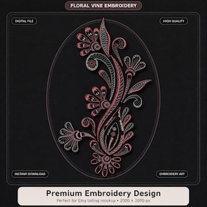 May include: A digital embroidery design featuring a floral vine pattern in red, black, and white. The design is enclosed in an oval frame on a black background. The text "Premium Embroidery Design" is at the bottom.