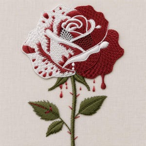 May include: An embroidered rose design featuring a split color scheme of white and deep red. The white petals display red droplet patterns, while the red side shows dripping liquid effects. The stem is green with small red thorns and leaves.