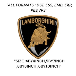 Può includere: Toppa ricamata con il logo Lamborghini, un toro dorato su uno scudo nero con bordatura dorata. La toppa include il testo "LAMBORGHINI" ed è disponibile in varie misure, tra cui 10x10 cm, 13x18 cm, 20x20 cm e 15x25 cm. Compatibile con diversi formati.