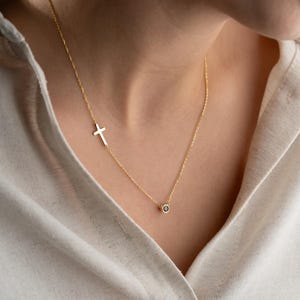 Custom Birthstone Cross Necklace, Sideways Cross with Birthstone Necklace, Personalized Birthstone Cross Necklace, Gift for Her, Family Gift