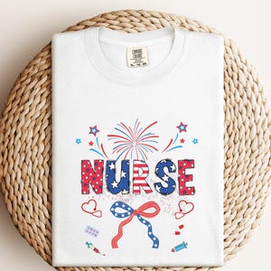 Patriotic Nurse Shirt, 4th of July Fireworks Nurse Tee, USA Nurse Gift, Red White Blue RN Shirt, Independence Day Medical Apparel