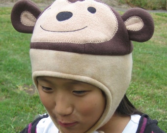 Monkey Fleece Hat with Strap - Baby Toddler Children Animal Fleece Hat/Beanie, Baby Infant Toddler Monkey Hat, Animal Hat, Adult Animal Hat