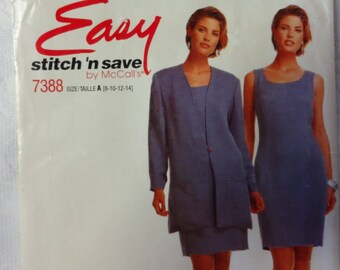 McCalls 7388 Misses' Unlined Jacket and Dress Sewing Pattern Vintage 1990 Pattern, Easy Misses Sewing Pattern, Size 8 only