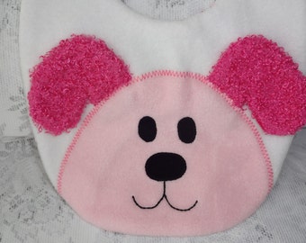 Reversible Fleece Puppy Bib, Pink Dog, Infant Baby Bib