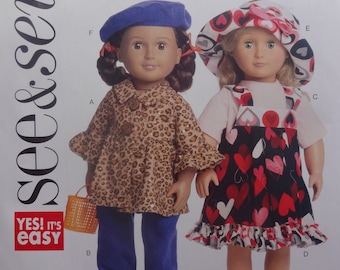 See & Sew B5944 Sewing Pattern, Clothes For 18" Doll, Doll Coat, Pants, Short Sleeves Top, Jumper, Hat and Beret UNCUT