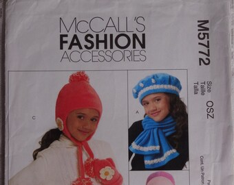 McCalls 5772 Sewing Pattern Children's Boys' Girls' Hats Scarves and Mittens Pattern  Size S, M, L