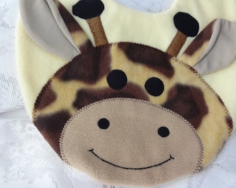 Giraffe Baby Bib, Reversible Fleece, Animal Applique
