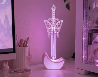 Butterfly Sword Lamp, Castlecore Acrylic LED Night Light, Fairycore Room Decor, Kawaii Gaming Desk Accessories, 16 Colors and Remote Control