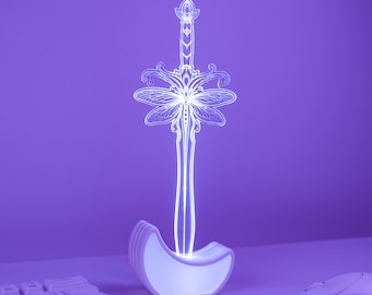 Dragonfly Sword Lamp, Acrylic LED Night Light with Moon Base, Fairycore Room Décor, Castlecore Gaming Desk Décor, Fantasy Gift