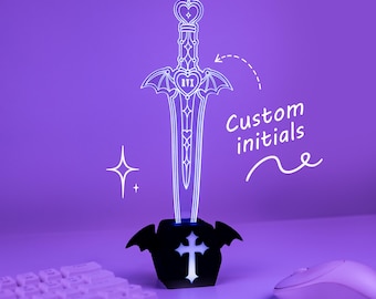Personalized Gothic Sword Lamp, Custom Initial Acrylic LED Light, Bat Wing Gaming Decor